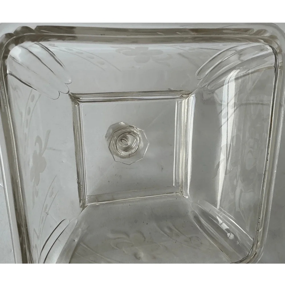 Vintage Glass Pedestal‎ Candy Dish Etched Floral Square Lidded Clear